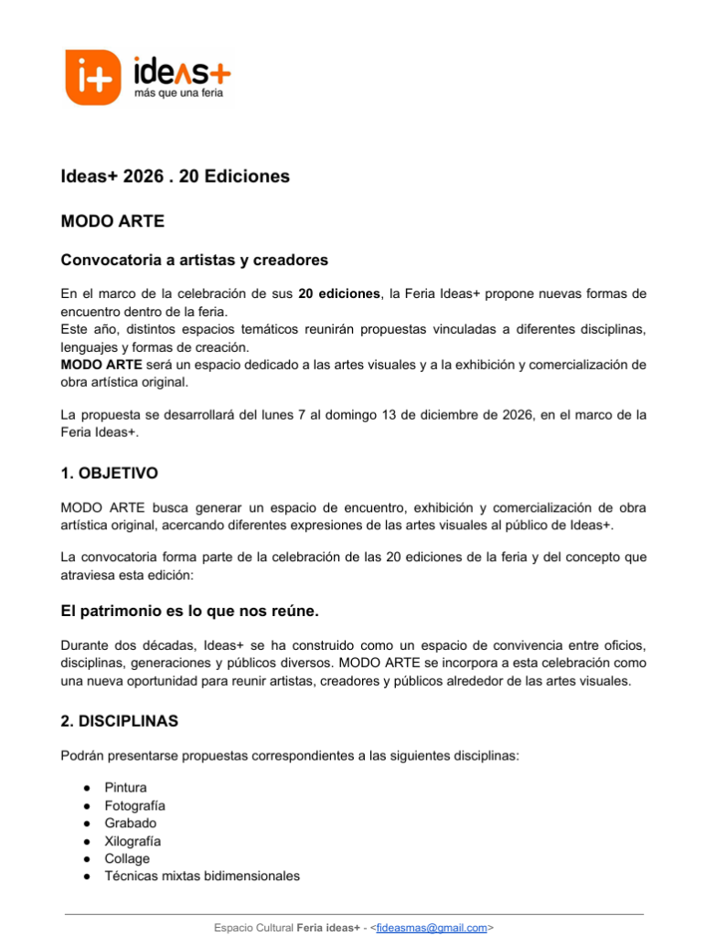 LLAMADO A ARTISTAS - ferias IDEAS+ 2026
